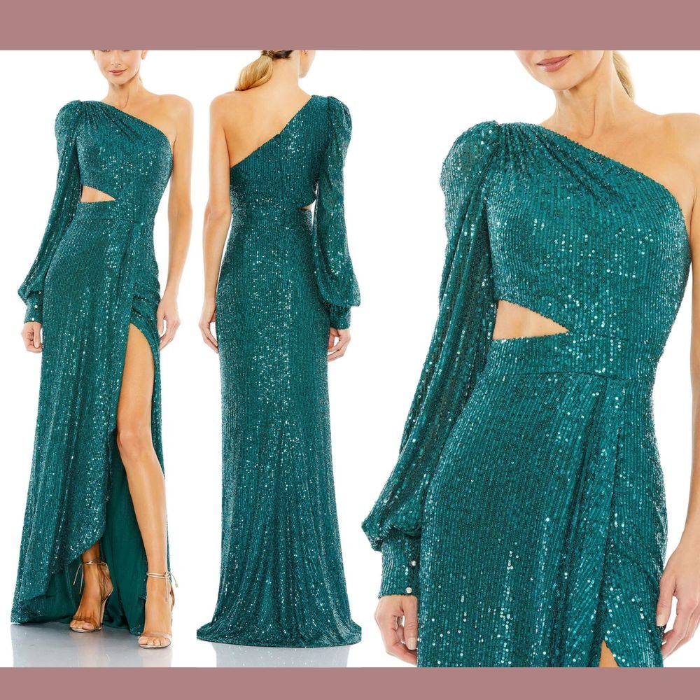 NWT IEENA Mac Duggal [ 8 ] 26730 Sequined One Shoulder‎ Cut Out Gown Teal